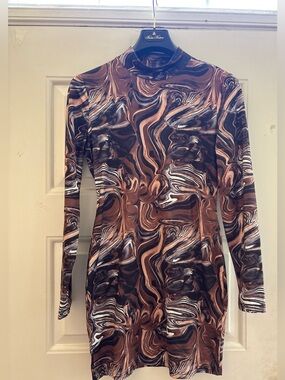 SHEIN Brown Black White Marble Print Long Sleeve Bodycon Dress